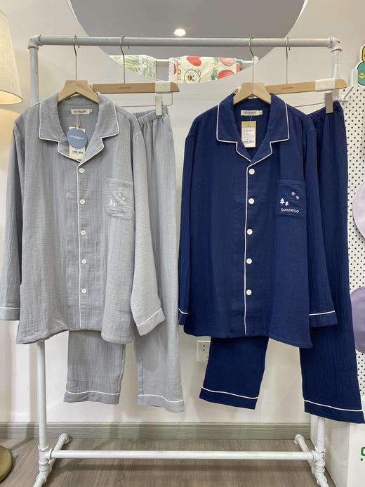 女款绉布纱长袖套装 大码男女情侣款睡衣全棉纱布纯色长袖长裤家居服松植屋品牌设计款 商品图9