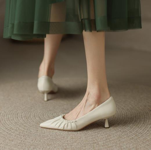 【预售5天】尖头真皮浅口，里外全皮褶皱珍珠高跟鞋MK&0838 商品图0