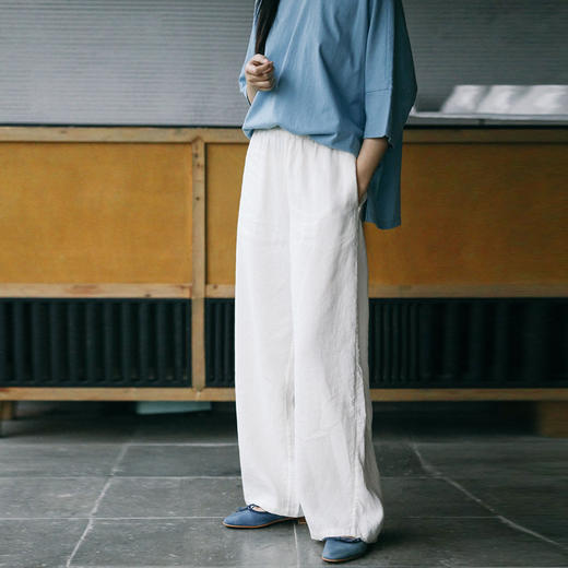 绽放194朵/高端斜纹天丝高支亚麻白色全要松紧宽松弯刀阔腿休闲裤 商品图0