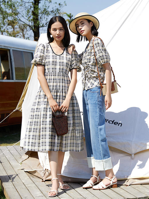 方领格纹短袖套头衫女2024夏季新款显瘦高级感上衣 商品图3