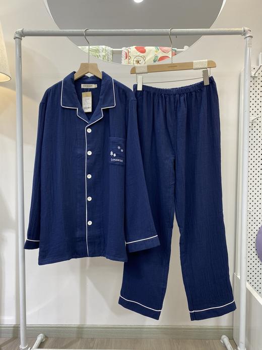 女款绉布纱长袖套装 大码男女情侣款睡衣全棉纱布纯色长袖长裤家居服松植屋品牌设计款 商品图10