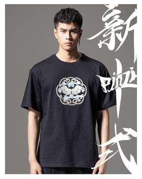 PINLI品立2024新中式夏季新款男烫钻烫画圆领短袖T恤BG242111020