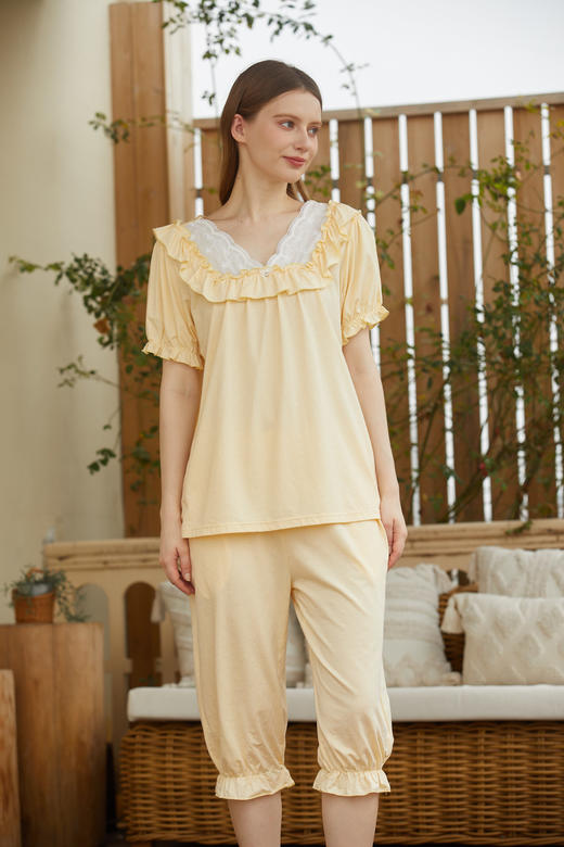 【满2件/99元】【秀黛】女小荷叶宫廷风短袖套装女士夏季睡衣家居服L2551041T【门店同款】【如遇缺货自动退款，介意勿拍】 商品图2