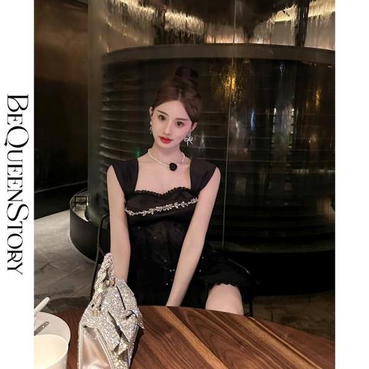 BeQueenStory【黑曜洛可可】绣花蕾丝内衬胸垫可脱卸钻链修身吊带夏 商品图2