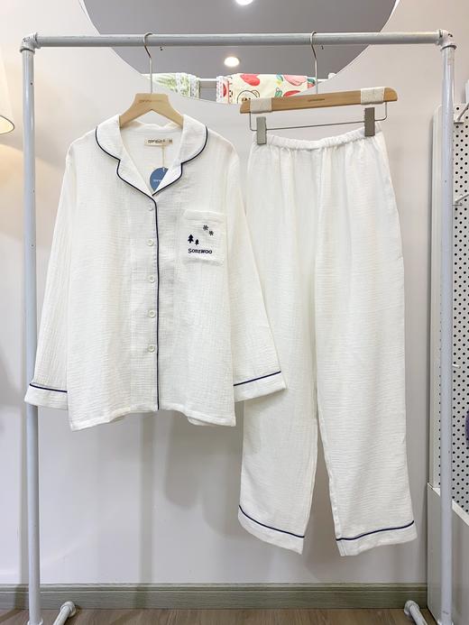 女款绉布纱长袖套装 大码男女情侣款睡衣全棉纱布纯色长袖长裤家居服松植屋品牌设计款 商品图13