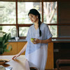 绽放231朵/亚麻色织条纹斜向蓝白拼接V领连身短袖套头休闲连衣裙 商品缩略图1
