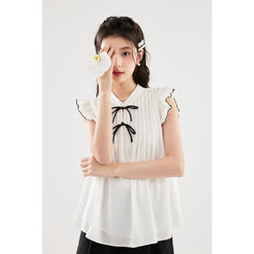 【严选】诗凡黎白色新中式小飞袖蝴蝶结盘扣衬衫2024夏新款立领雪纺衫SF4420581