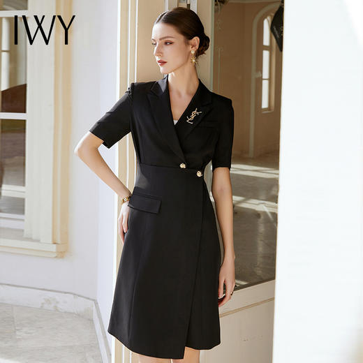 IWY/黑色西装连衣裙短袖夏款设计感高级通勤商务不对称下摆工作服Q1130-B 商品图1