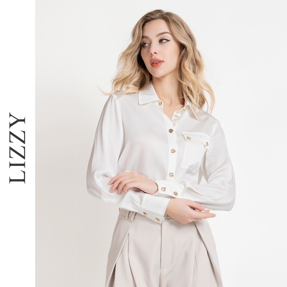 LIZZY时尚帅气工装风重磅桑蚕丝气质通勤长袖衬衫7973