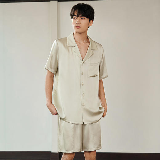 真丝睡衣男100%桑蚕丝宽松舒适短袖短裤衣裤套家居服金三塔  YSMEB401 商品图3