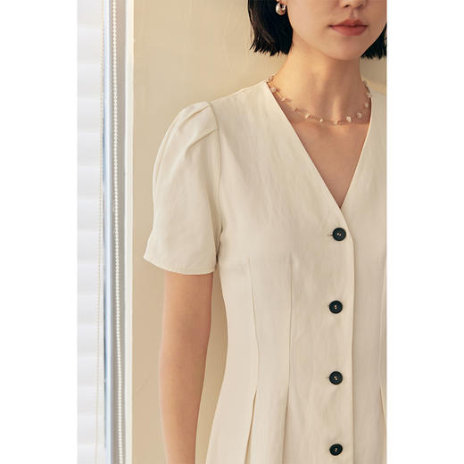 HeyDress白色连衣裙女夏季法式V领收腰设计感通勤气质短款A字裙子 商品图3