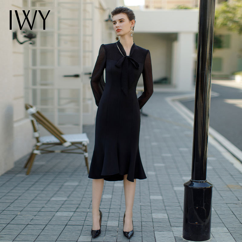IWY/设计感轻奢黑色礼服裙女春夏高级感气质显瘦鱼尾连衣裙Q1055
