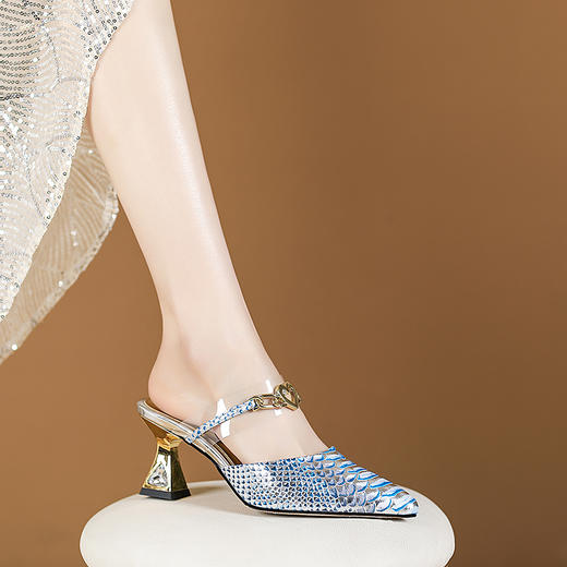 【预售5天】个性鱼皮纹，真皮高跟包头半拖鞋PLGZ&B1951 商品图4