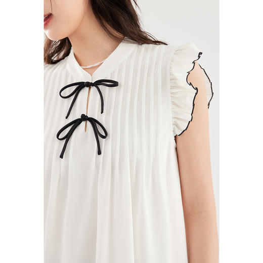 【严选】诗凡黎白色新中式小飞袖蝴蝶结盘扣衬衫2024夏新款立领雪纺衫SF4420581 商品图3