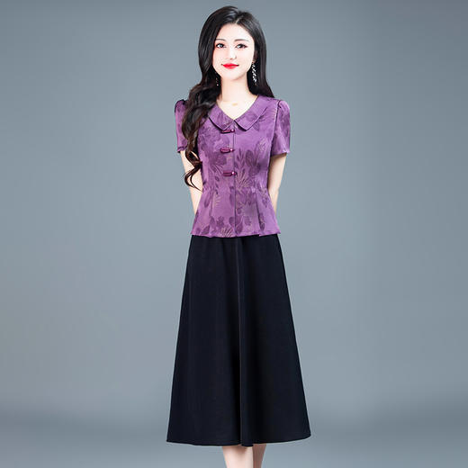 KED-H1715-Y紫色印花连衣裙拼结假两件中长裙夏季新款妈妈装中式短袖A字裙 商品图1