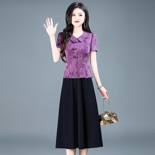 KED-H1715-Y紫色印花连衣裙拼结假两件中长裙夏季新款妈妈装中式短袖A字裙 商品图5