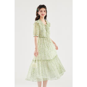 【严选】诗凡黎绿色浪漫荷叶边飘带碎花连衣裙2024年夏新款薄荷曼波长裙女SF4391061