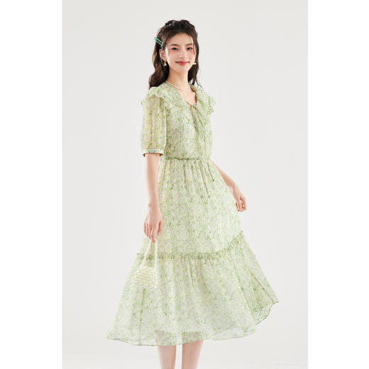 【严选】诗凡黎绿色浪漫荷叶边飘带碎花连衣裙2024年夏新款薄荷曼波长裙女SF4391061 商品图0