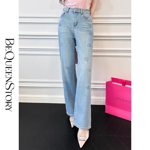 余潇潇【暗语玫瑰】重工山茶花3D立体压胶印花高腰直筒百搭牛仔裤 商品图0