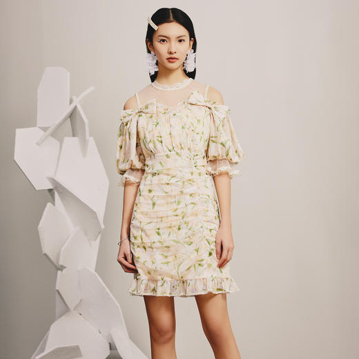 浅黄蕾丝泡泡袖收褶连衣裙茶歇裙春MC88DR031F30 商品图1