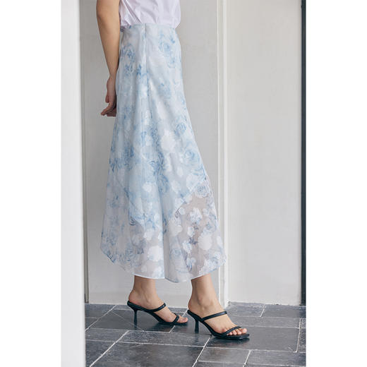 HeyDress蓝色晕染印花半身裙女高腰剪花不规则半透设计感半裙子 商品图2