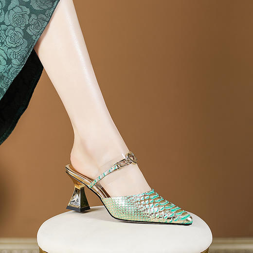 【预售5天】个性鱼皮纹，真皮高跟包头半拖鞋PLGZ&B1951 商品图10