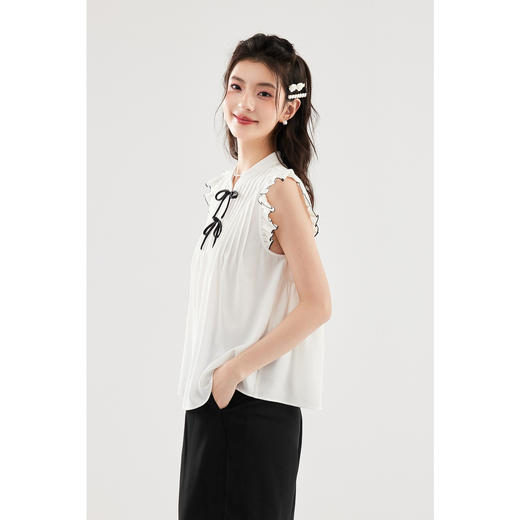 【严选】诗凡黎白色新中式小飞袖蝴蝶结盘扣衬衫2024夏新款立领雪纺衫SF4420581 商品图2