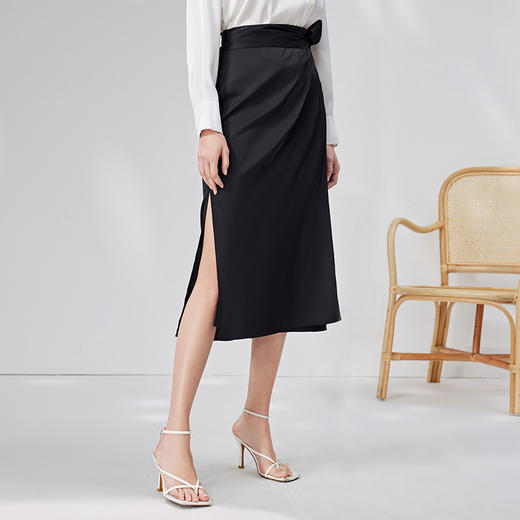 EITIE爱特爱中式高腰一片式绑带开叉半身裙黑色通勤显瘦夏新款B06116 商品图2