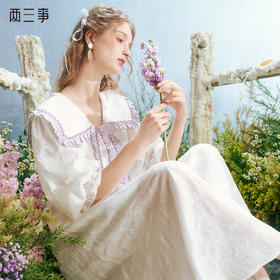 两三事天鹅颂2024夏季新款甜美荷叶边海军领提花泡泡袖连衣裙