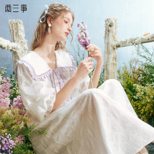 两三事天鹅颂2024夏季新款甜美荷叶边海军领提花泡泡袖连衣裙 商品图0