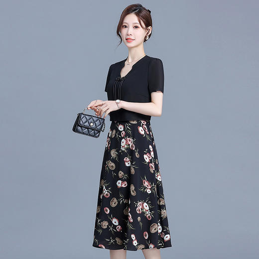 KED-6428-Y新中式印花裙拼结时尚假两件中长裙2024年夏季新款高腰雪纺裙 商品图1