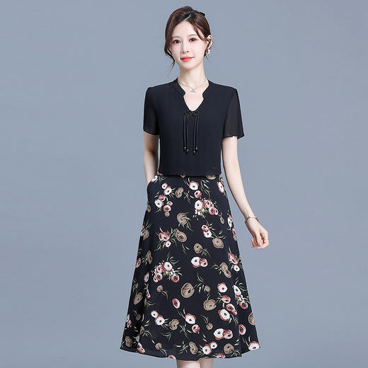 KED-6428-Y新中式印花裙拼结时尚假两件中长裙2024年夏季新款高腰雪纺裙 商品图5