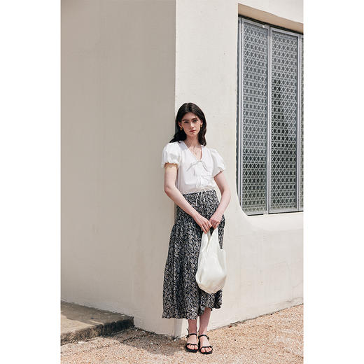 HeyDress蝴蝶结衬衫女夏季法式V领宽松系带纯棉小衫浪漫气质上衣 商品图1