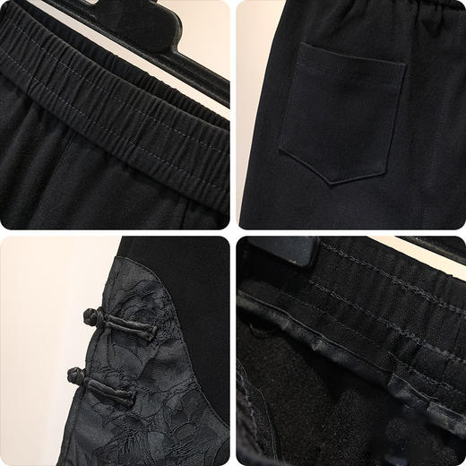 KQL-3098F1817夏季新款新中式女高腰弹力八分裤黑色复古盘扣遮胯松紧腰裤子 商品图3