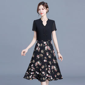 KED-6428-Y新中式印花裙拼结时尚假两件中长裙2024年夏季新款高腰雪纺裙