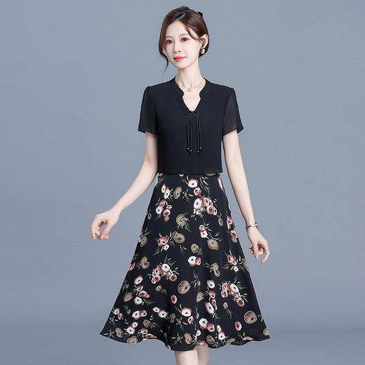 KED-6428-Y新中式印花裙拼结时尚假两件中长裙2024年夏季新款高腰雪纺裙 商品图0