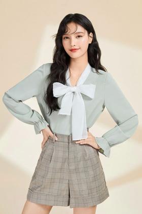 秋水伊人 撞色蝴蝶结绑带衬衣 11078