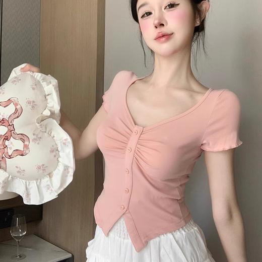 【夏性感V领，时尚夏日必备！】短款修身一字肩褶皱不规则短袖上衣，女装夏季黑色辣妹美式紧身T恤-lm！ 商品图0