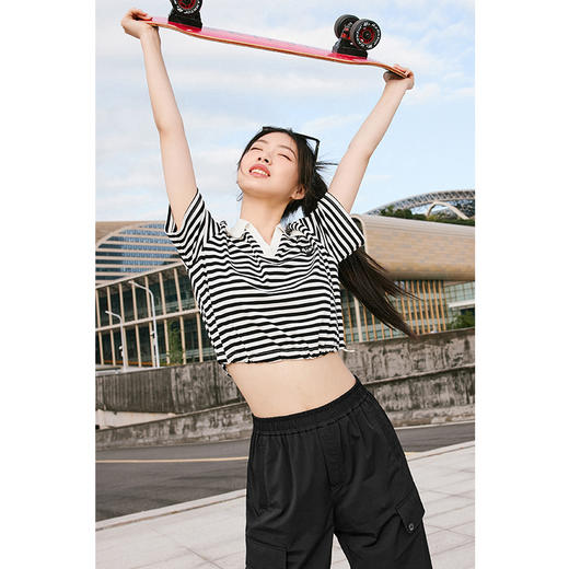 【积分换购不退货】【特惠不退货】诗凡黎条纹T恤2023夏季新款翻领黑白条韩式短款甜美减龄短袖3E5700711 商品图2