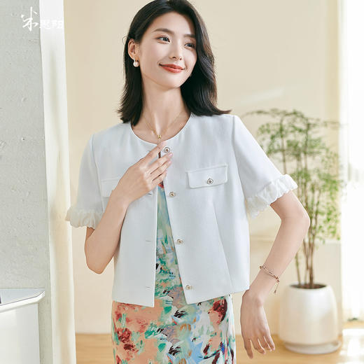 剩S/L/XL/XXL 米思阳2025夏季新款小香风简约通勤短外套百搭花边袖肌理上衣0504 商品图0