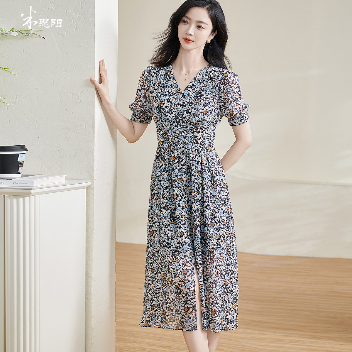 剩S/M/L/XL 米思阳2025夏季新款知性优雅气质连衣裙碎花设计泡泡袖A字裙1032