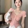 【夏性感V领，时尚夏日必备！】短款修身一字肩褶皱不规则短袖上衣，女装夏季黑色辣妹美式紧身T恤-lm！ 商品缩略图4