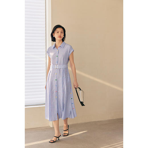 HeyDress彩虹扣条纹衬衫裙女夏季翻领收腰设计温柔气质波点连衣裙 商品图3