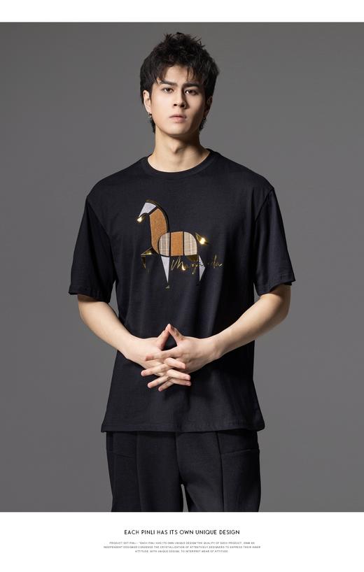 PINLI品立2024夏季新款男装软金属压烫圆领短袖T恤潮BG242111013 商品图0
