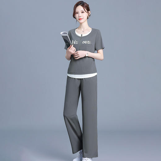 KED-Q435-Y时尚短袖休闲套装女夏季新款圆领T恤衫阔腿裤运动服两件套 商品图7