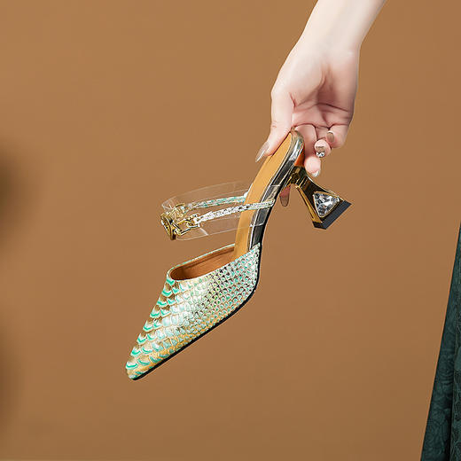 【预售5天】个性鱼皮纹，真皮高跟包头半拖鞋PLGZ&B1951 商品图9