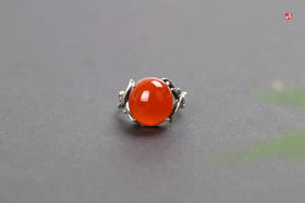 南红保山冰红戒指【海棠】，925银镶