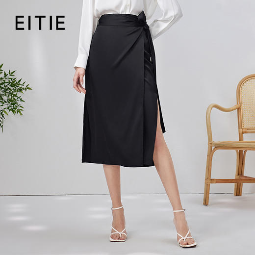 EITIE爱特爱中式高腰一片式绑带开叉半身裙黑色通勤显瘦夏新款B06116 商品图0