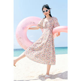 【严选】诗凡黎粉色碎花收腰连衣裙2024夏新款流行漂亮泡泡袖法式中长裙女SF4290981