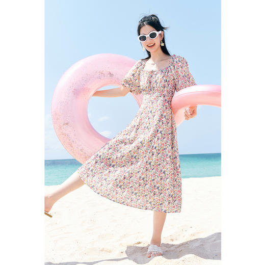 【严选】诗凡黎粉色碎花收腰连衣裙2024夏新款流行漂亮泡泡袖法式中长裙女SF4290981 商品图0